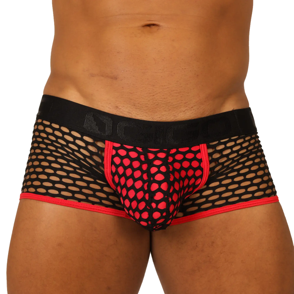 Black and red mesh briefs with bold pattern design from gigo fresh red trunk collection