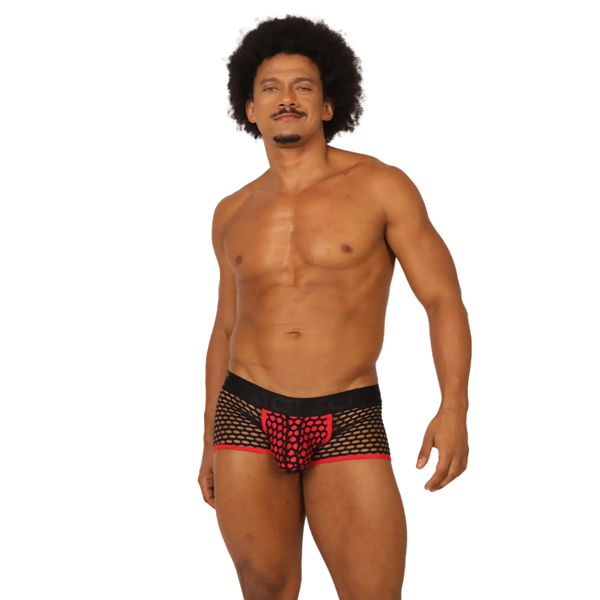 Gigo fresh red trunk black mesh briefs with red heart patterned front panel and matching red trim