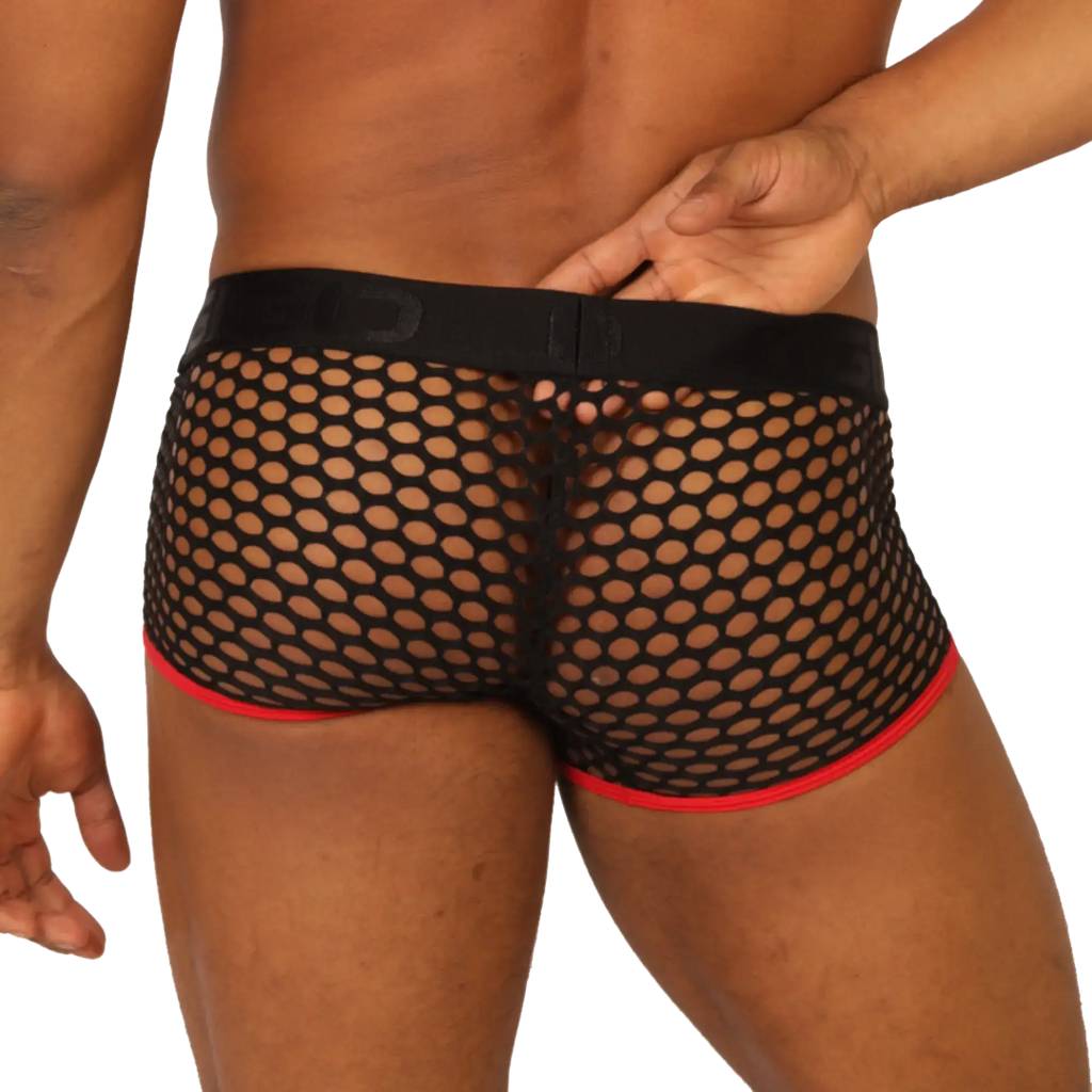Black mesh briefs with red trim and a black elastic waistband from Gigo Fresh Red Trunk collection