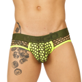 Vibrant neon yellow and olive green mesh briefs with a bold modern design from gigo fresh yellow brief collection