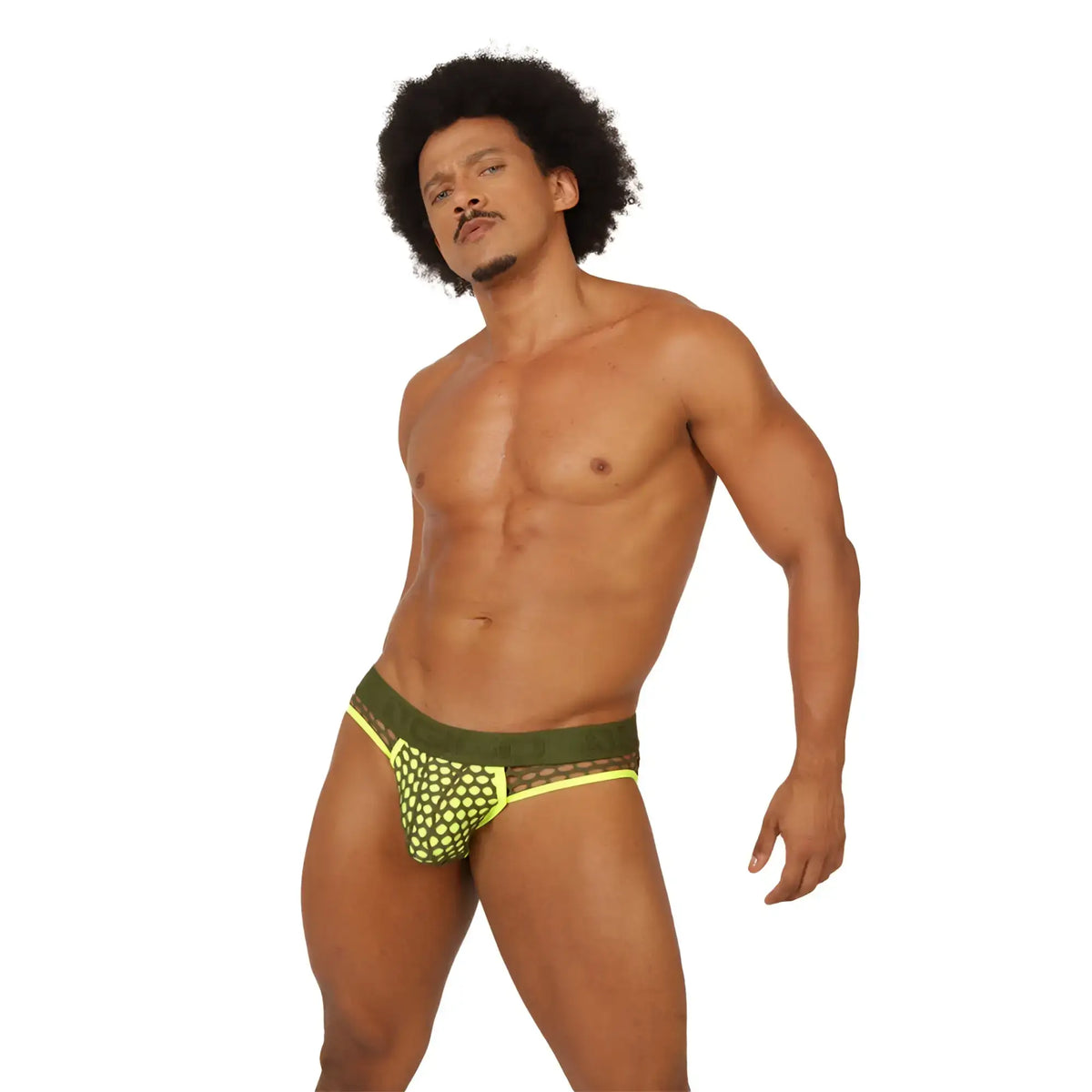 Vibrant neon yellow and olive green geometric patterned mesh briefs from Gigo Fresh Yellow Brief Jock collection