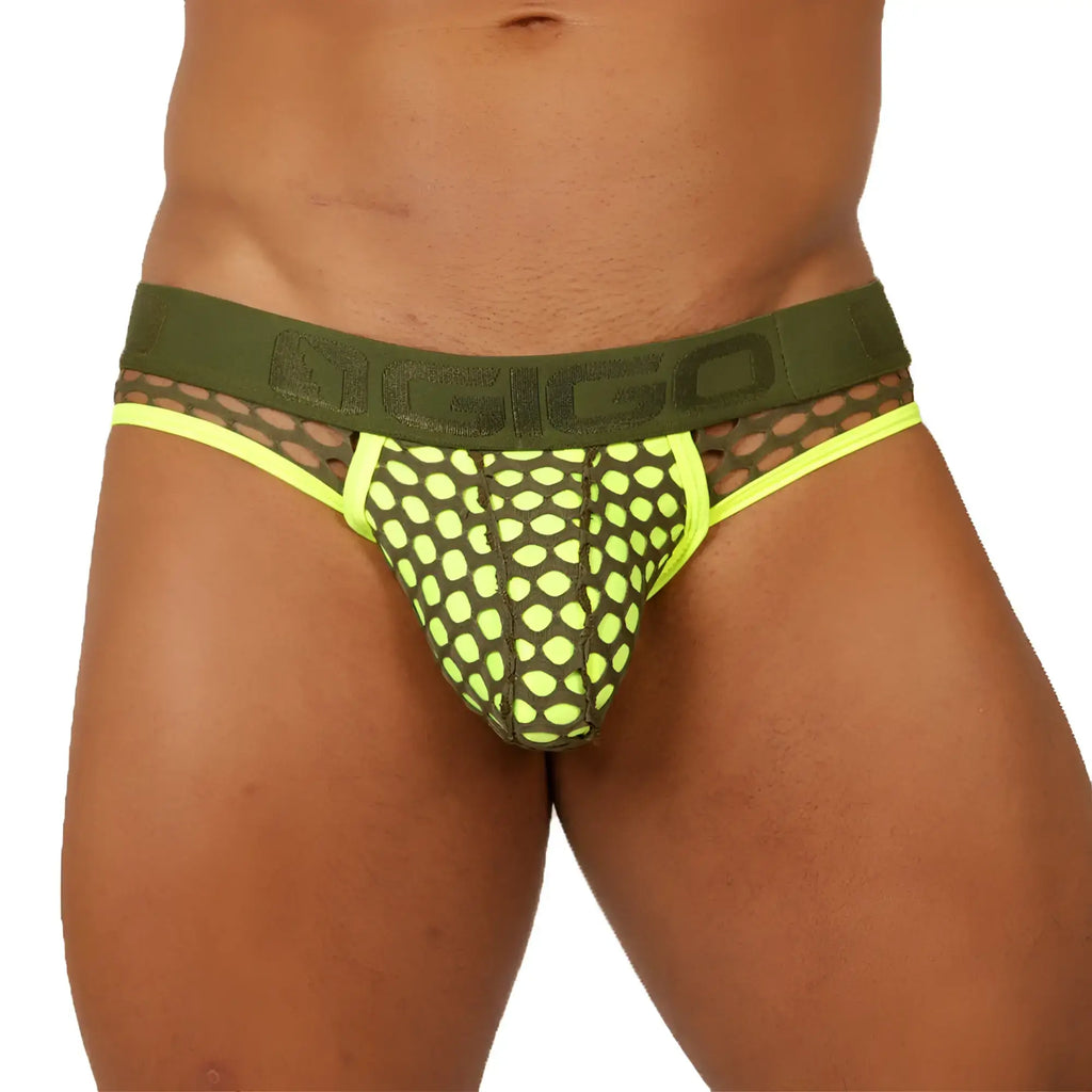 Olive green and neon yellow mesh briefs with bold agico logo on waistband in gigo fresh yellow brief jock style