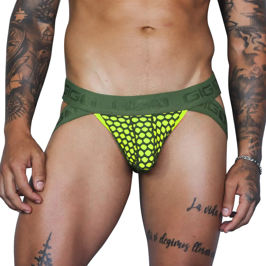 Vibrant neon yellow mesh gigo fresh jockstrap briefs with olive green elastic waistband and repeating gigo branding