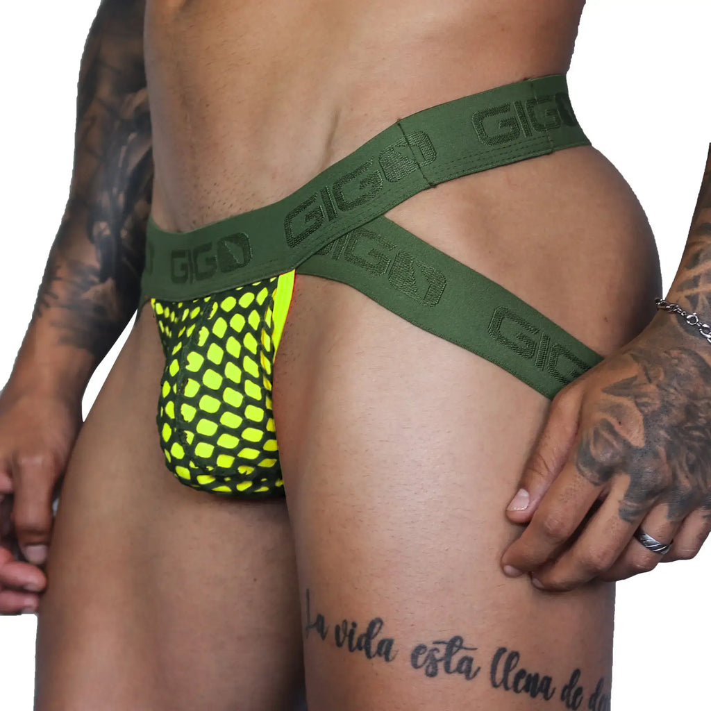 Bright neon yellow mesh briefs with olive green elastic waistband featuring repeating gigi branding from gigo