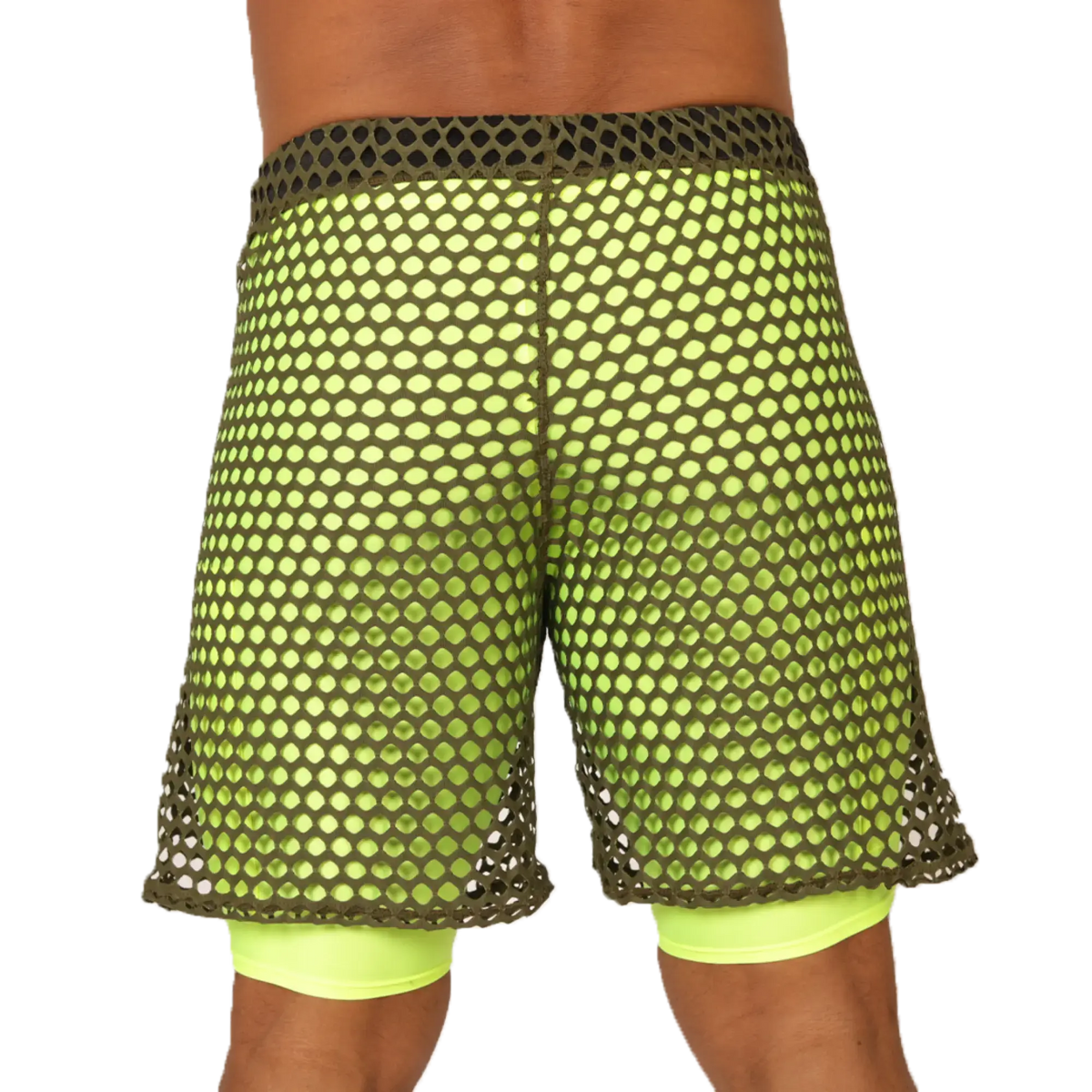 Gigo Fresh Yellow Short neon green mesh shorts with dark olive waistband over bright yellow compression shorts
