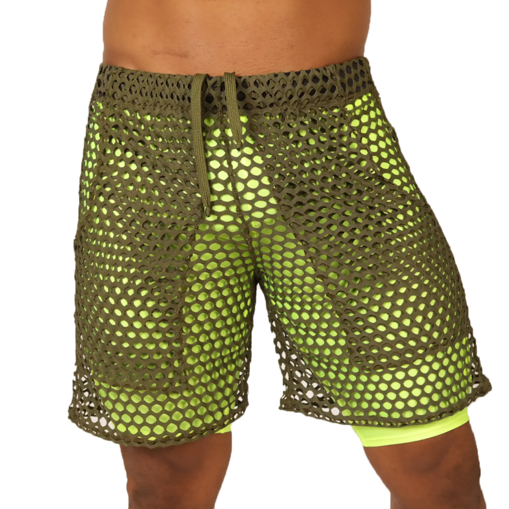 Gigo fresh yellow short olive green mesh shorts with neon yellow inner lining and matching drawstring waistband