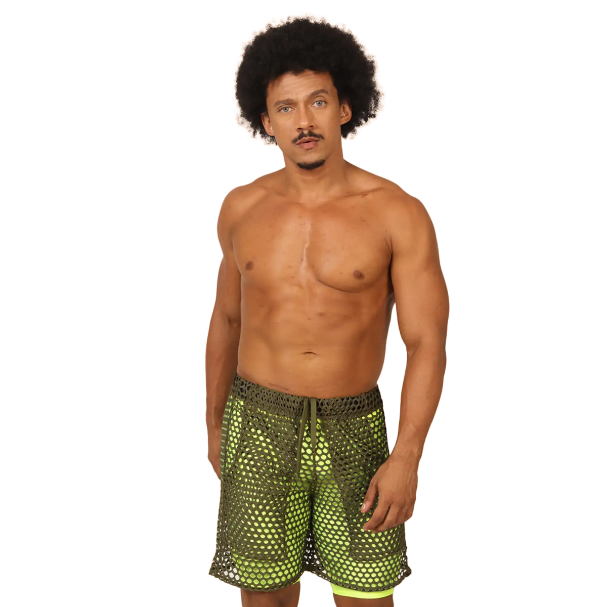 Gigo fresh yellow short vibrant neon green mesh swim trunks with olive green base and drawstring waistband