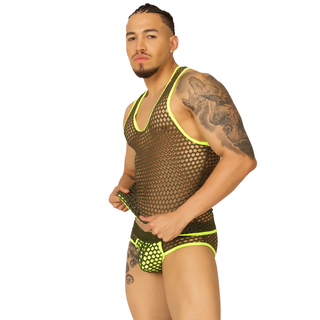 Neon green mesh tank top with black base and matching briefs from gigo fresh yellow tank set
