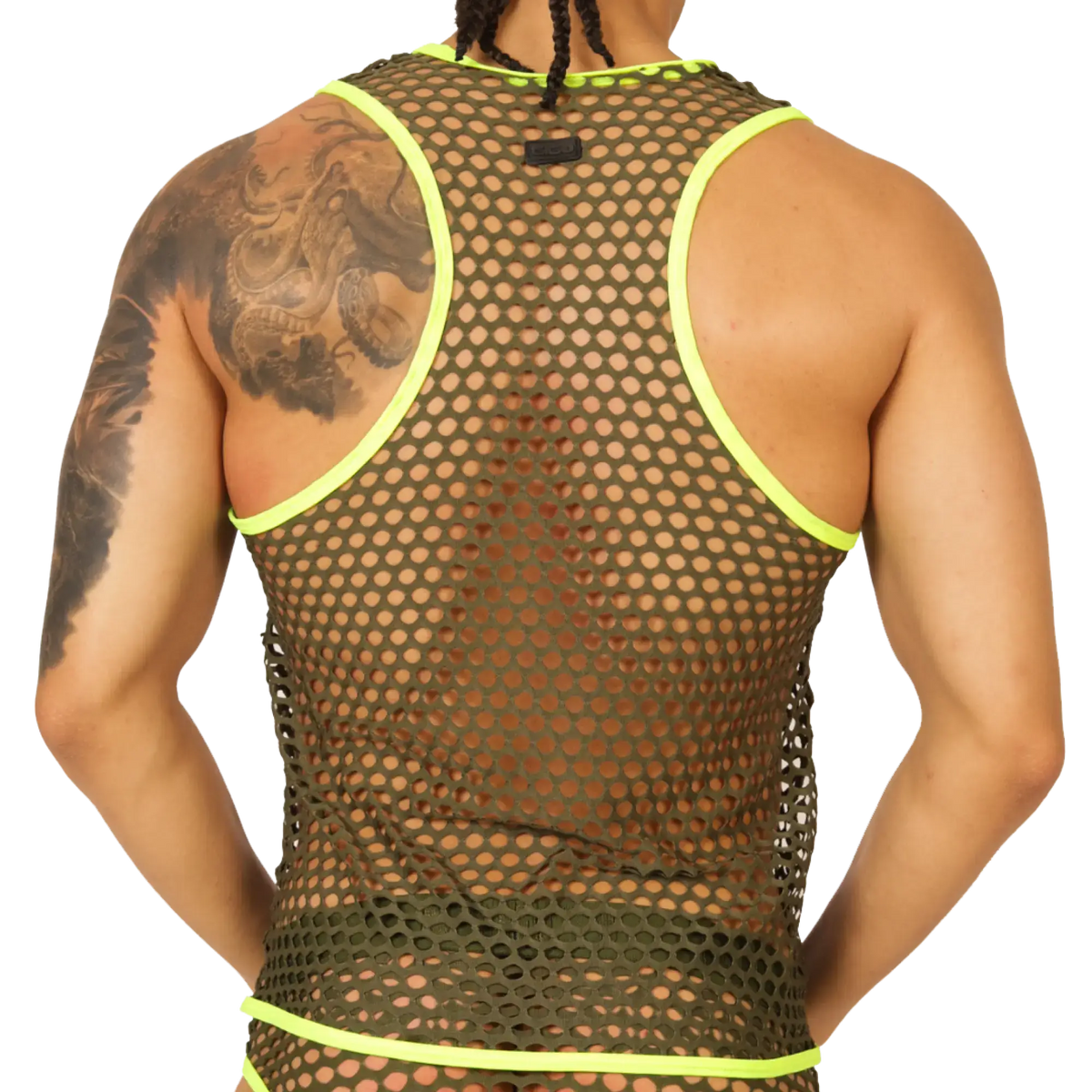 Neon yellow-trimmed olive green mesh tank top gigo fresh yellow tank with breathable fabric and vibrant accents