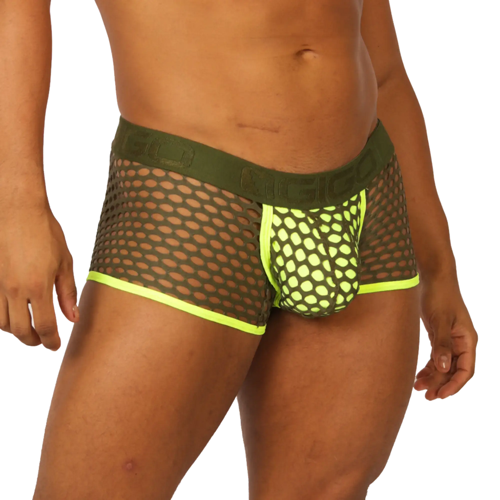 Olive green mesh briefs with neon yellow trim and bold modern design gigo fresh yellow trunk front view