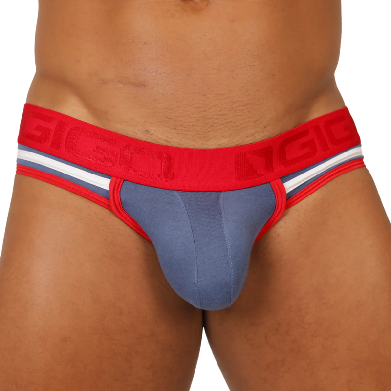 Red and gray gigo garoto blue brief jock athletic briefs with bold red waistband and raised gigi logo
