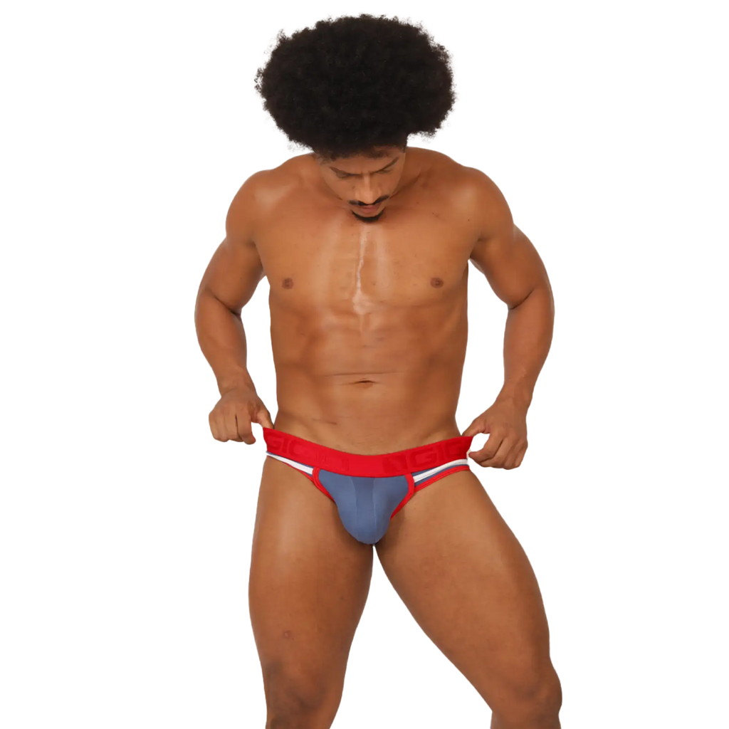 Blue and red athletic briefs with white trim from gigo garoto designed for active wear