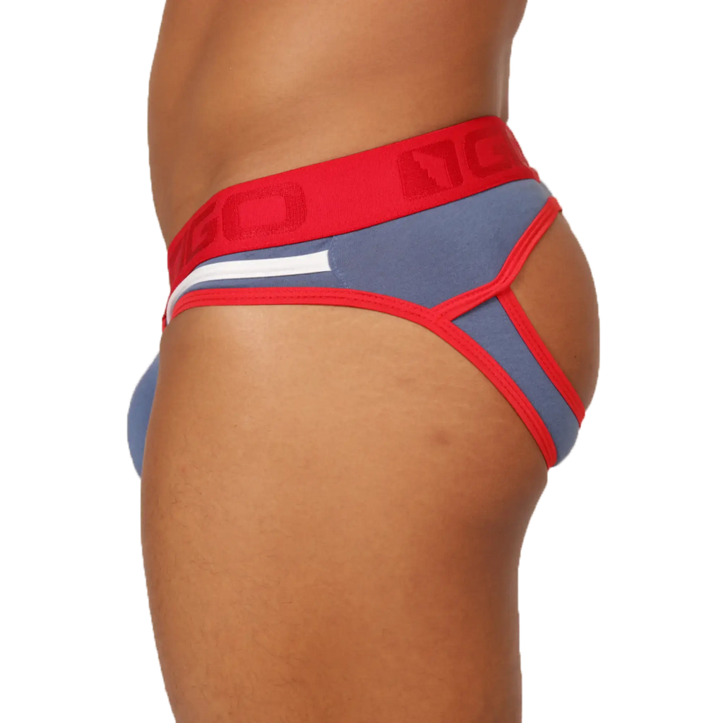 Red and blue athletic briefs with a white stripe and gigo logo waistband designed for active wear