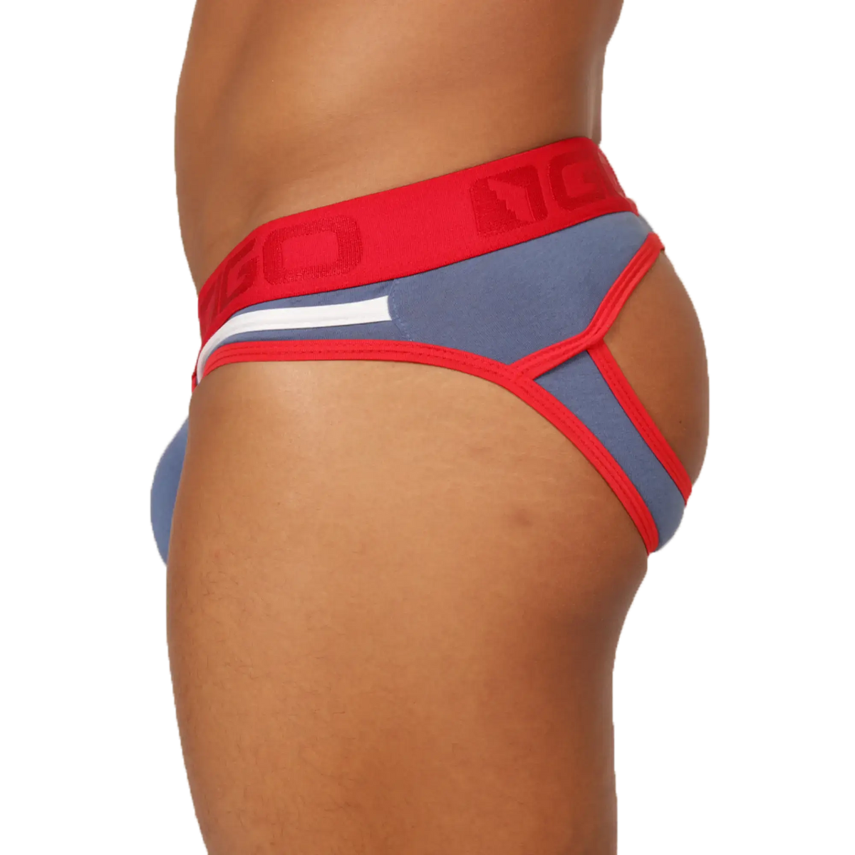 Red and blue athletic briefs with a white stripe and gigo logo waistband designed for active wear