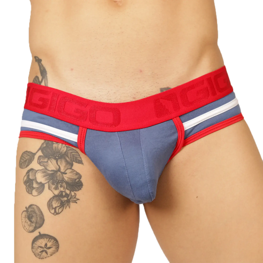 Blue and red gigo garoto athletic briefs with bold red waistband and textured ngio logo in breathable fabric