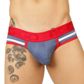 Blue and red gigo garoto athletic briefs with bold red waistband and textured ngio logo in breathable fabric