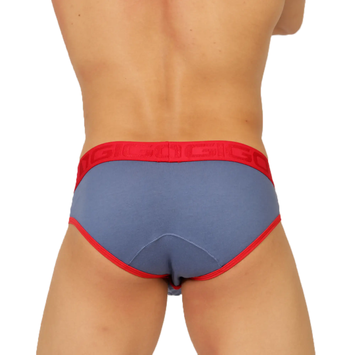 Blue and red gigo garoto brief with bold red waistband featuring repeating gigo brand name lettering