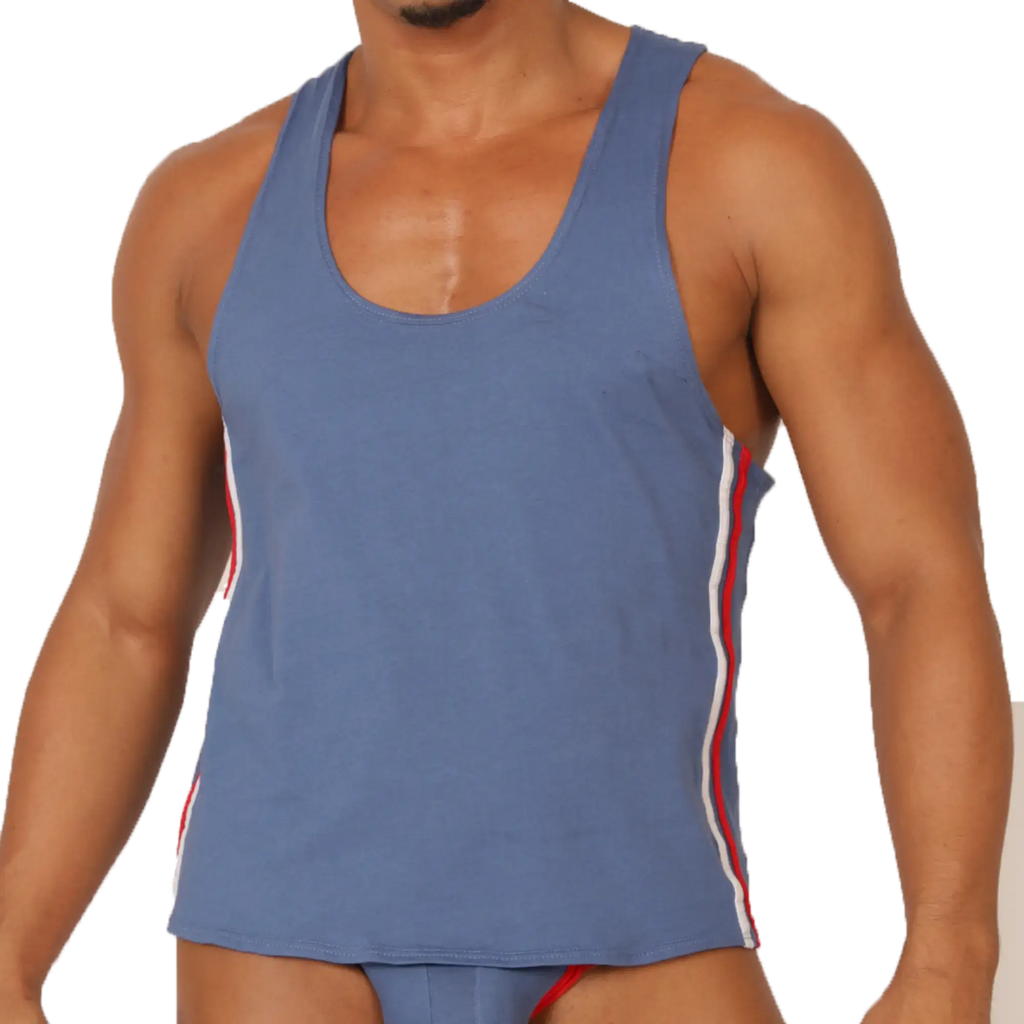 Gigo Garoto blue athletic tank top with red and white striped side panels perfect for sports and workouts