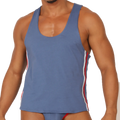 Gigo Garoto blue athletic tank top with red and white striped side panels perfect for sports and workouts