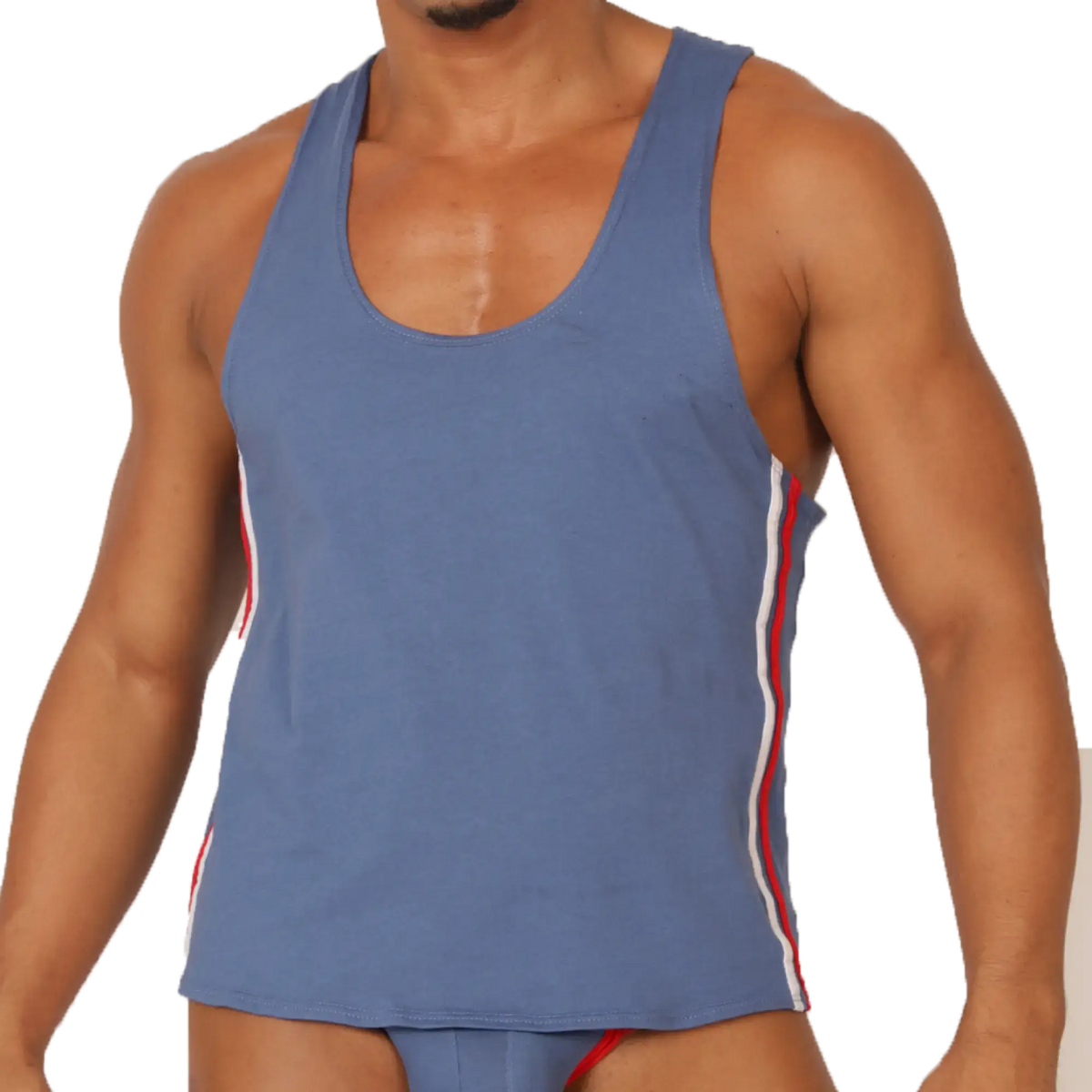 Gigo Garoto blue athletic tank top with red and white striped side panels perfect for sports and workouts
