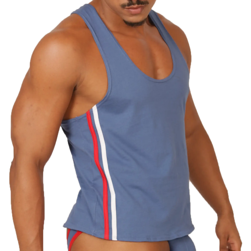 Gigo Garoto blue athletic tank top with red and white vertical stripes along the side for sports and workouts