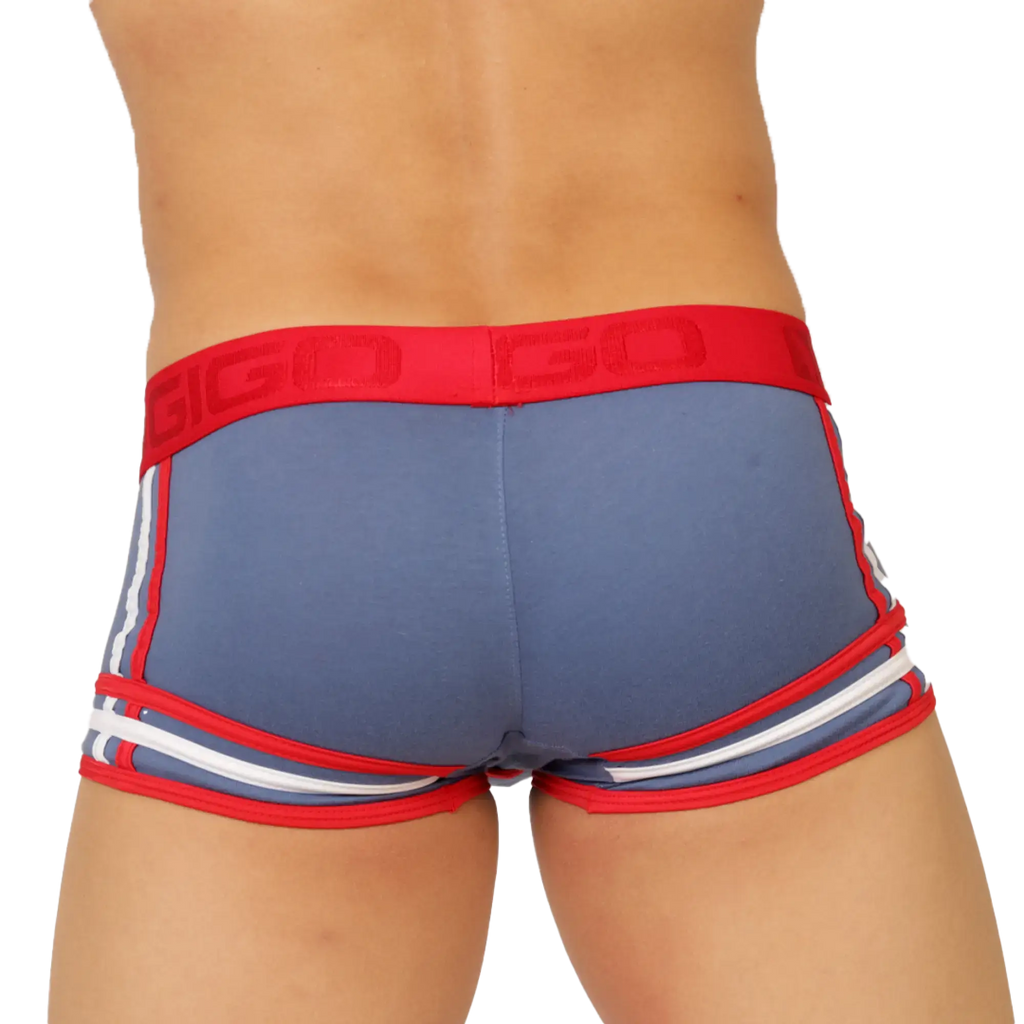 Blue athletic briefs with red and white striped trim and a bold red waistband embossed with gigo garoto brand name