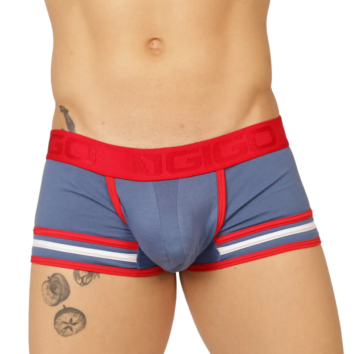 Blue and red striped boxer briefs with a bold red waistband featuring gigi branding from gigo garoto blue trunk collection