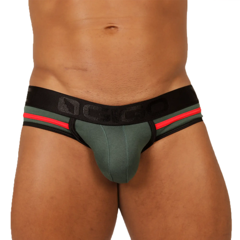 Olive green and black gigo garoto green brief athletic briefs with red accent stripes for active wear