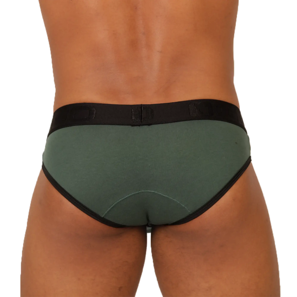 Dark green gigo garoto brief with black trim and matching elastic waistband for comfortable everyday wear