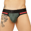 Green form-fitting brief jock with black and red striped waistband and gigo branding by gigo garoto