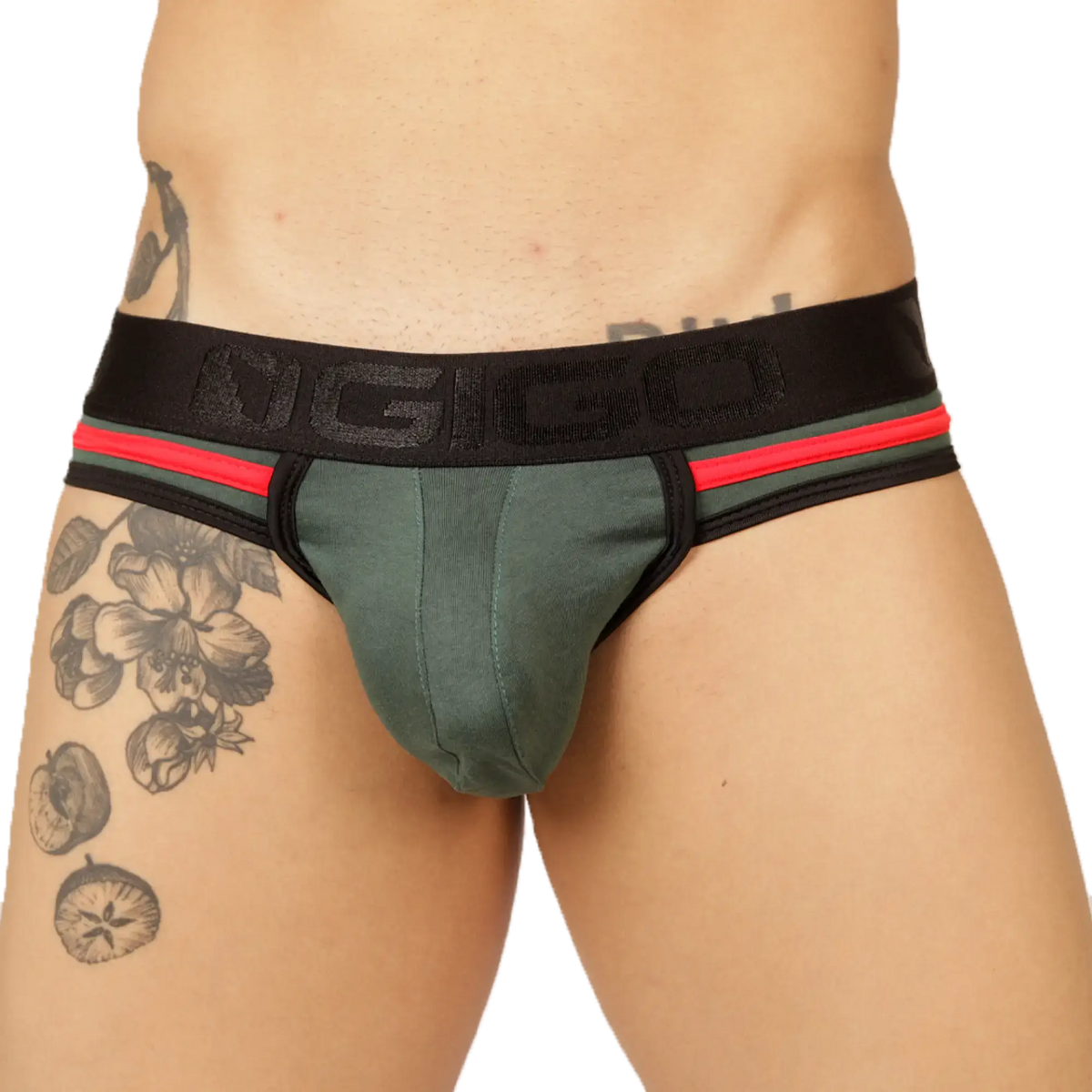Green form-fitting brief jock with black and red striped waistband and gigo branding by gigo garoto