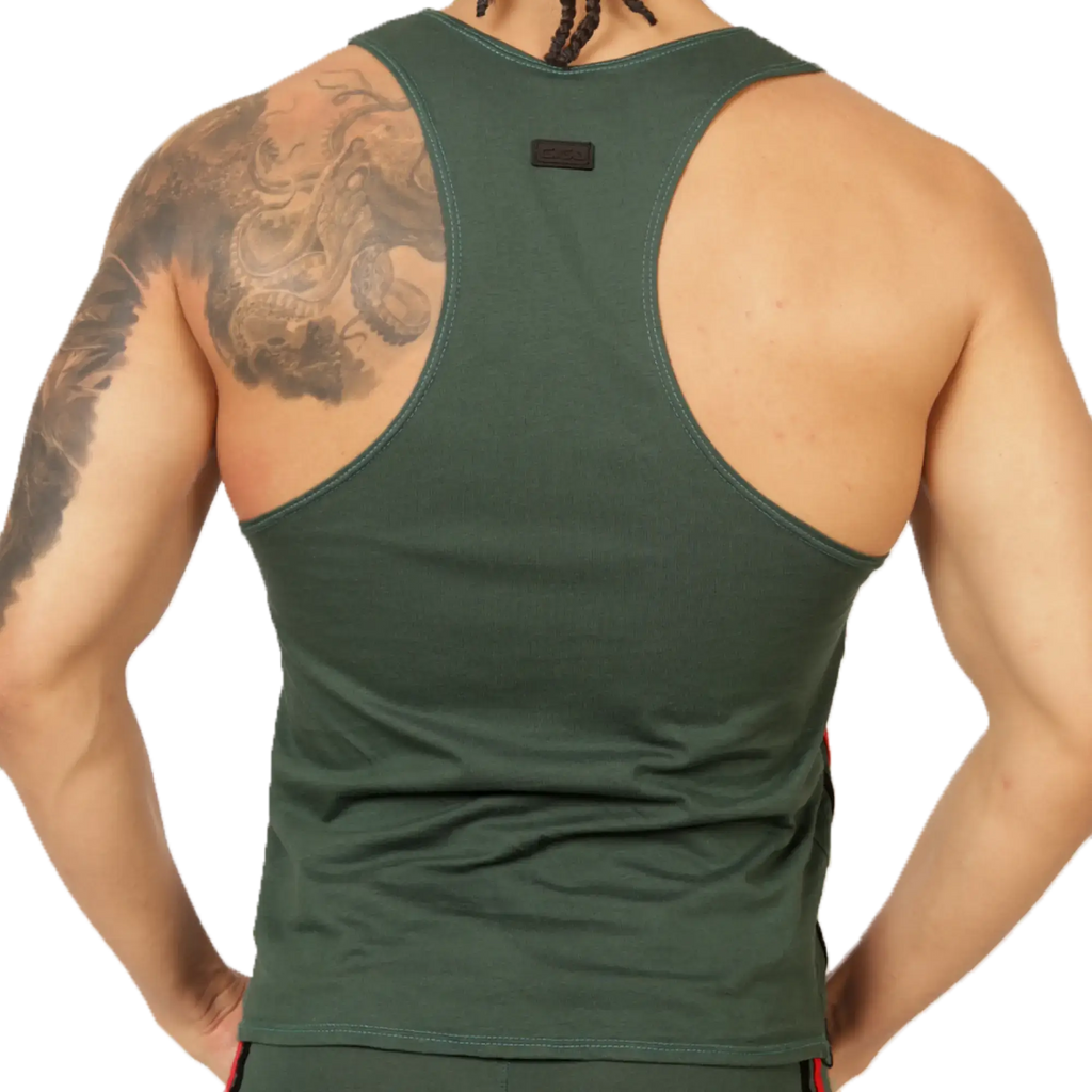 Dark green racerback tank top with a small black brand tag at the neckline from gigo garoto green tank collection