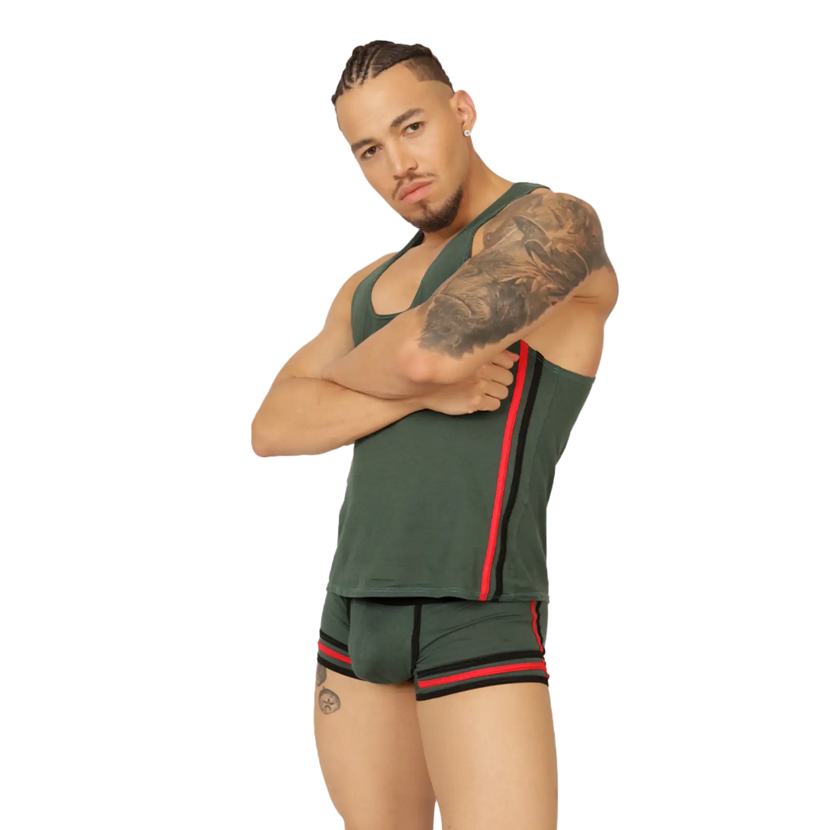 Dark green gigo garoto athletic tank top with red and black side stripes designed for active wear