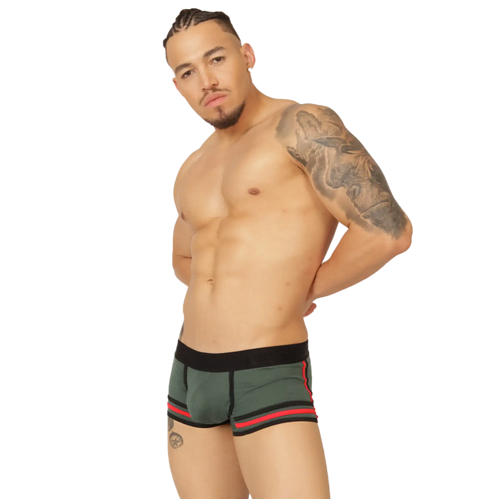 Dark green gigo garoto athletic briefs with black waistband and red trim accents for activewear use