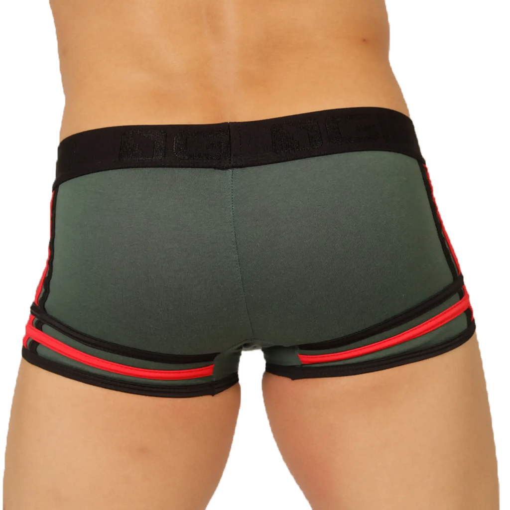 Dark green gigo garoto green trunk athletic briefs with bold red and black trim accents for active wear