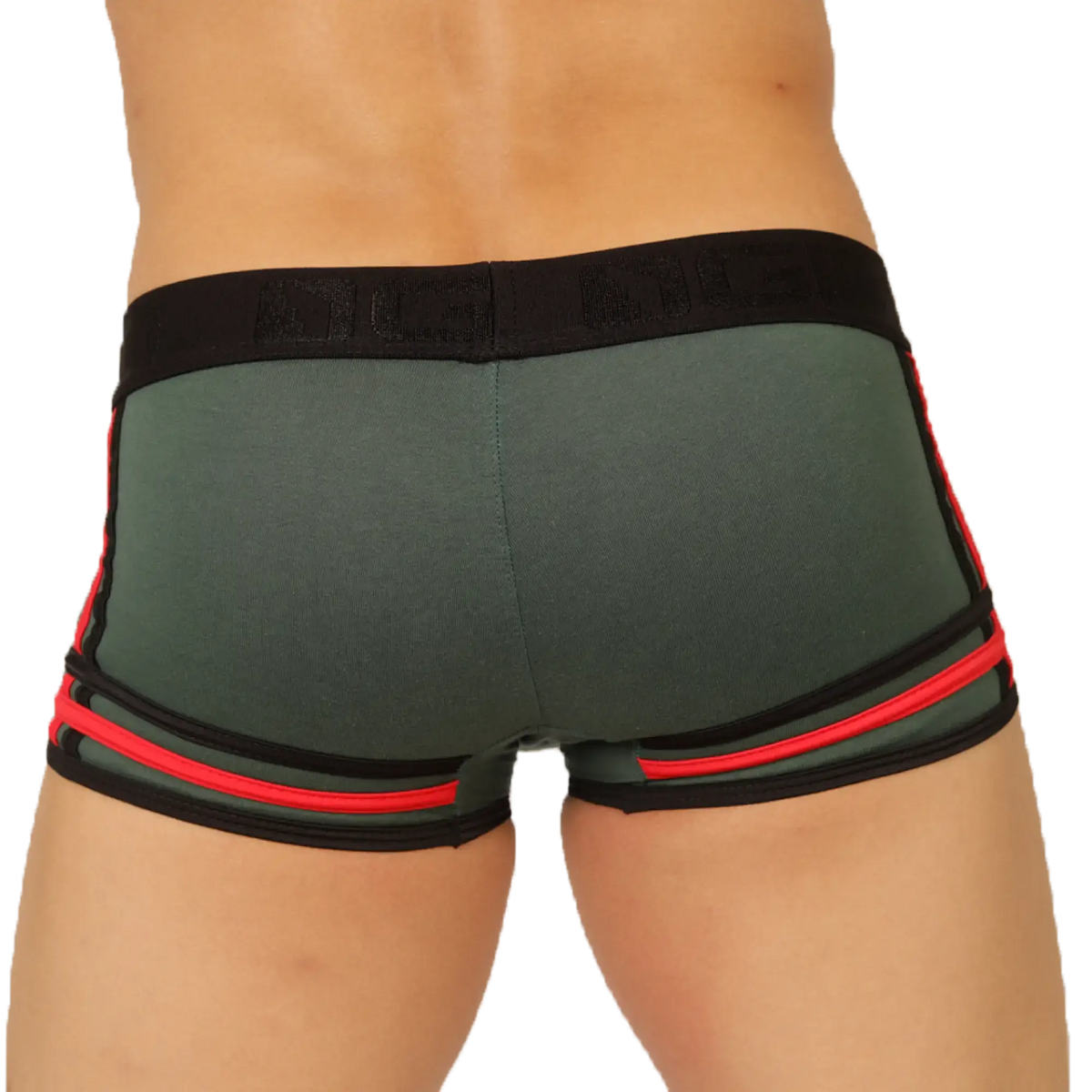 Dark green gigo garoto green trunk athletic briefs with bold red and black trim accents for active wear
