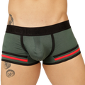Dark green gigo garoto green trunk boxer briefs with black trim red leg stripes and elastic waistband branding