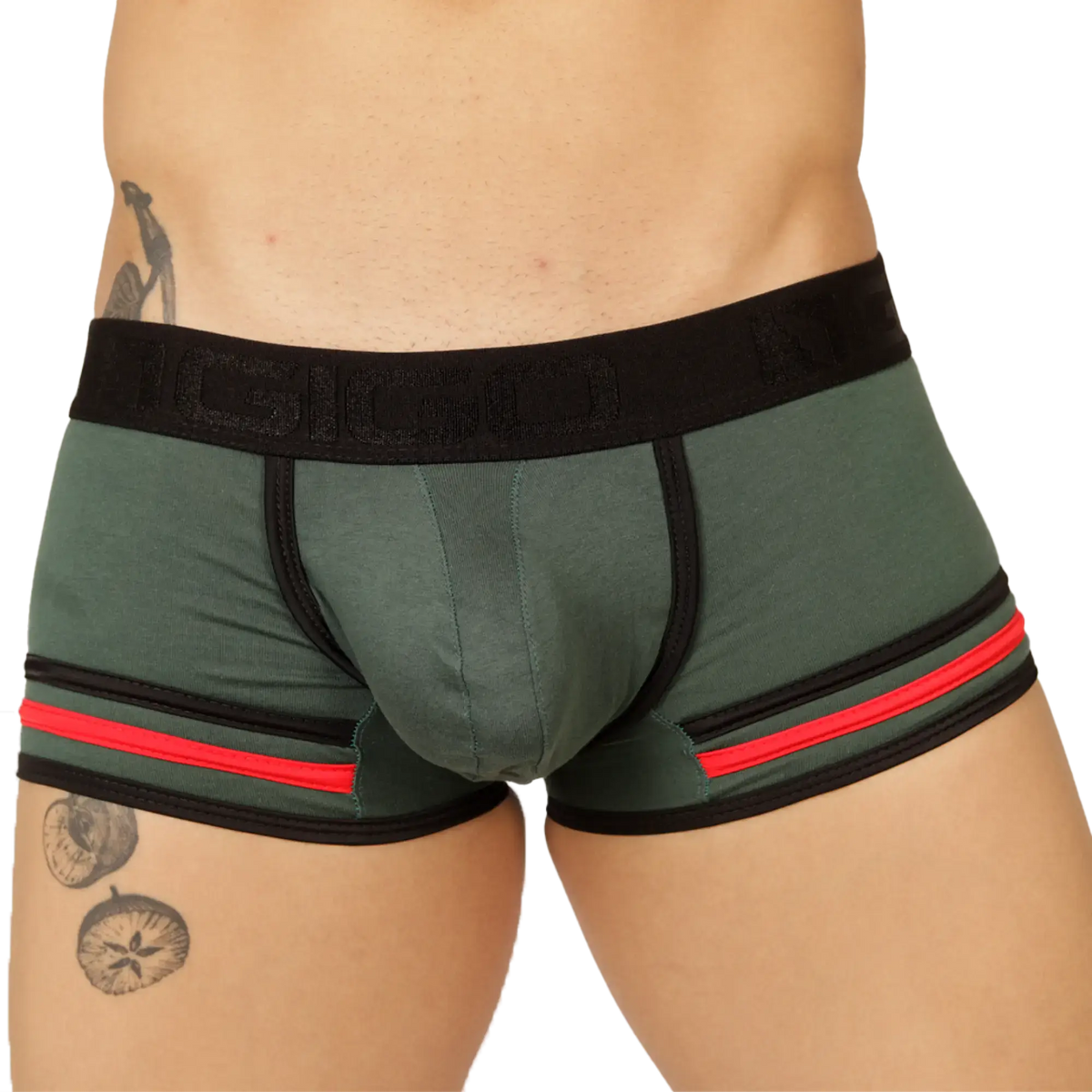 Dark green gigo garoto green trunk boxer briefs with black trim red leg stripes and elastic waistband branding