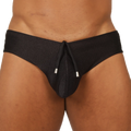 Black ribbed gigo glow swimbrief for men featuring drawstring closure with silver-toned aglets
