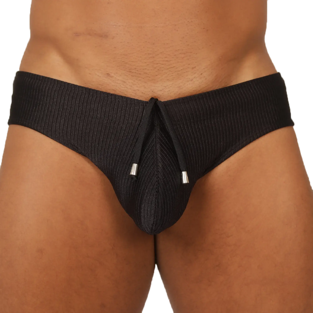 Black ribbed gigo glow swimbrief for men featuring drawstring closure with silver-toned aglets