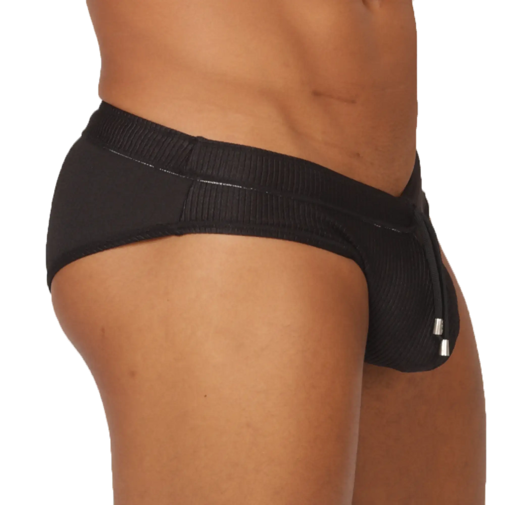 Gigo glow black swimbrief textured briefs with ribbed waistband and silver-toned metal accents on the side