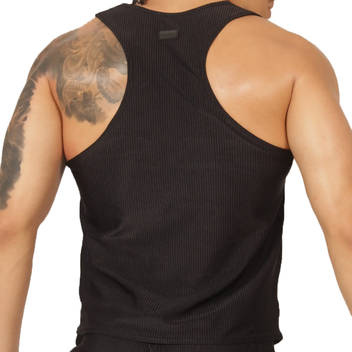 Black ribbed tank top with racerback design by gigo glow showing the back side for casual wear