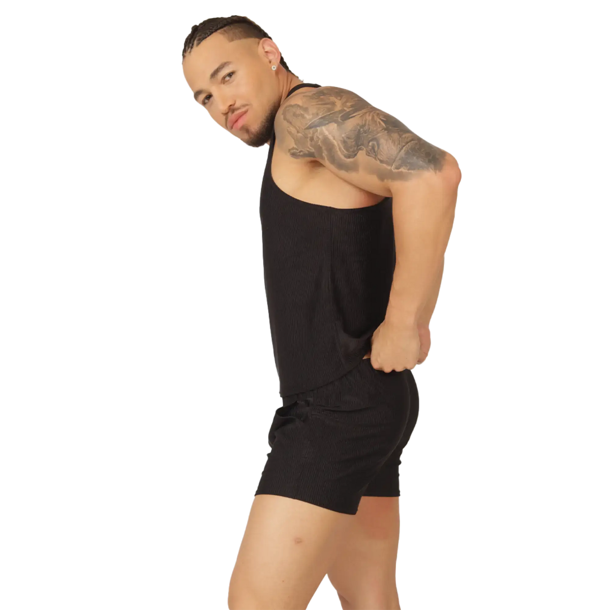 Black ribbed knit tank top and matching shorts set from gigo glow black tank collection for casual wear