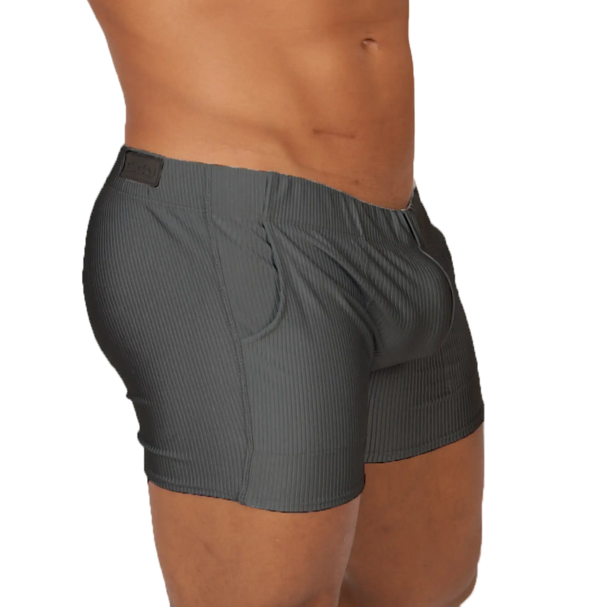 Gigo Glow gray short dark gray ribbed cotton boxer briefs with subtle vertical stripes and black branded waistband tag