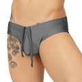 Gray ribbed swimbrief with drawstring waistband designed for comfortable beach and pool use
