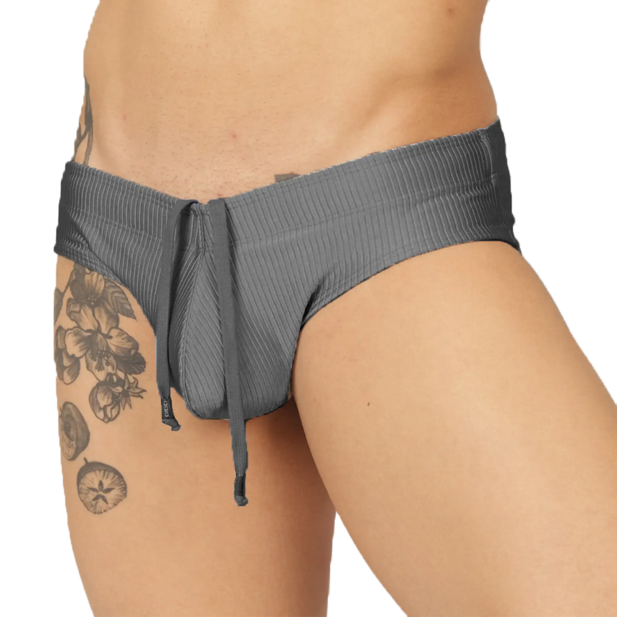 Gray ribbed swimbrief with drawstring waistband designed for comfortable beach and pool use
