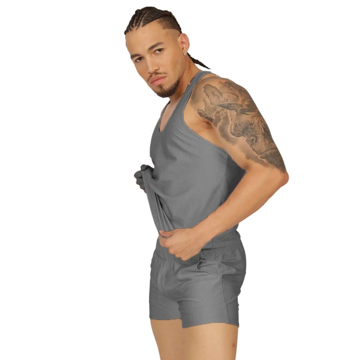Gray ribbed tank top and matching shorts set from gigo glow gray tank in soft breathable fabric for casual wear