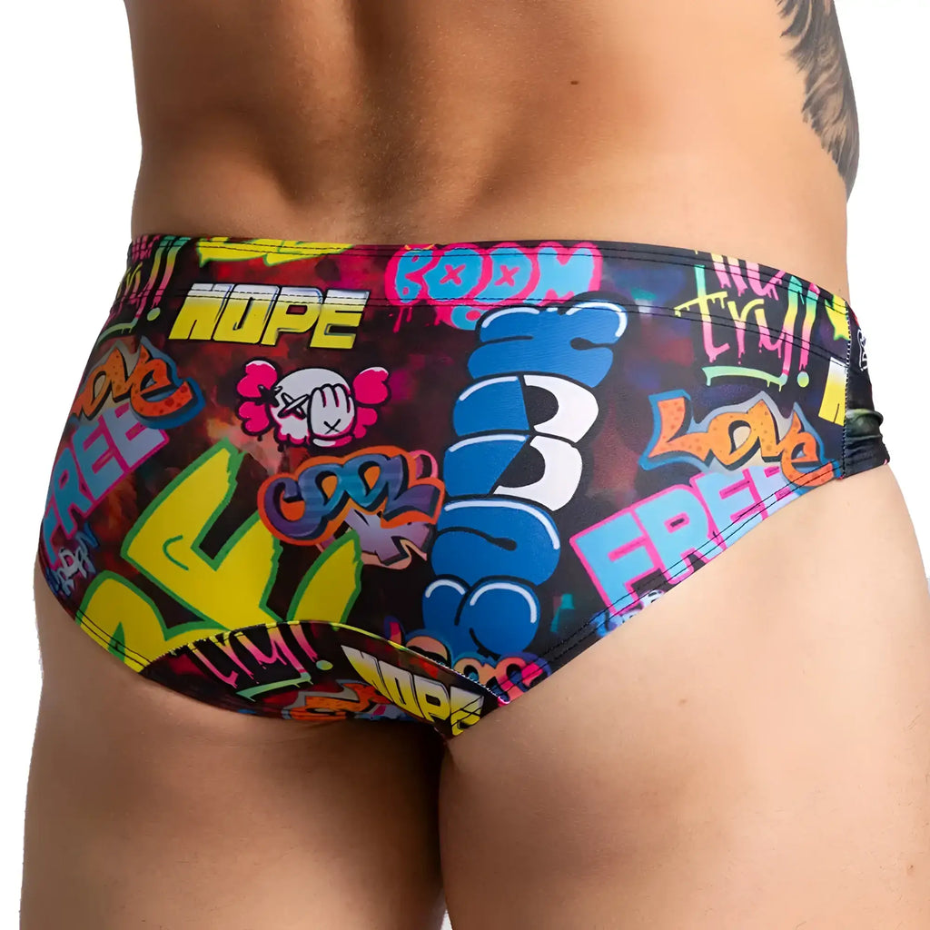 Vibrant gigo graffiti swim brief menÃ¢â‚¬â„¢s trunks with bold neon colours and street art graphics for beachwear