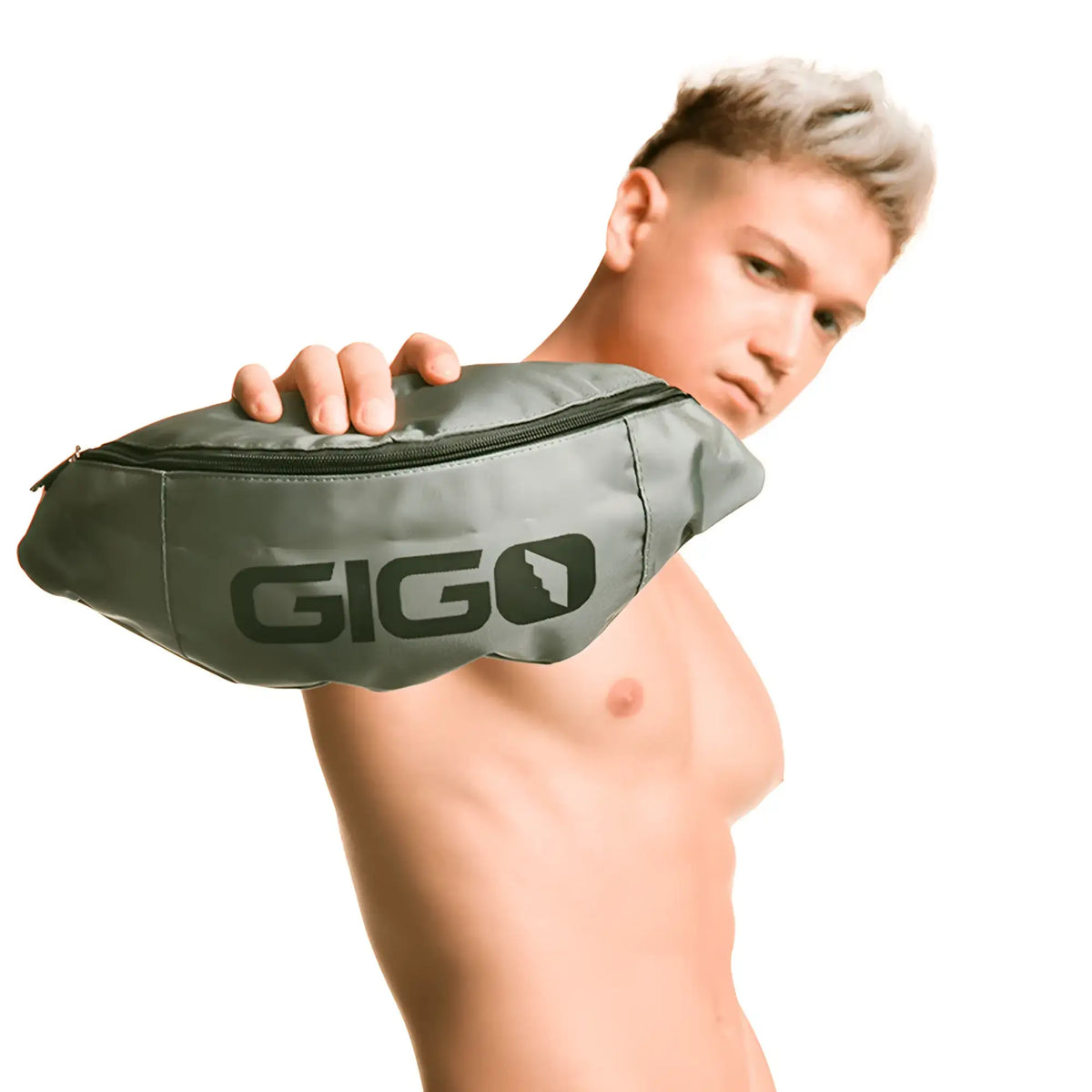 A sleek olive green gigo fanny pack with black zipper and logo shown in the gigo gigo gray waistpack product