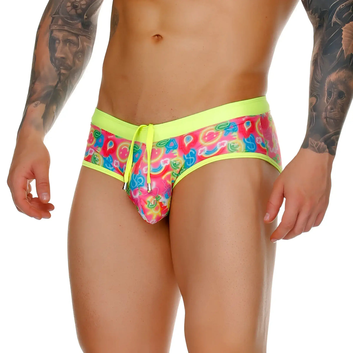 Gigo Happy Swim Trunk neon pink and yellow psychedelic swim trunks with bright green waistband and drawstring